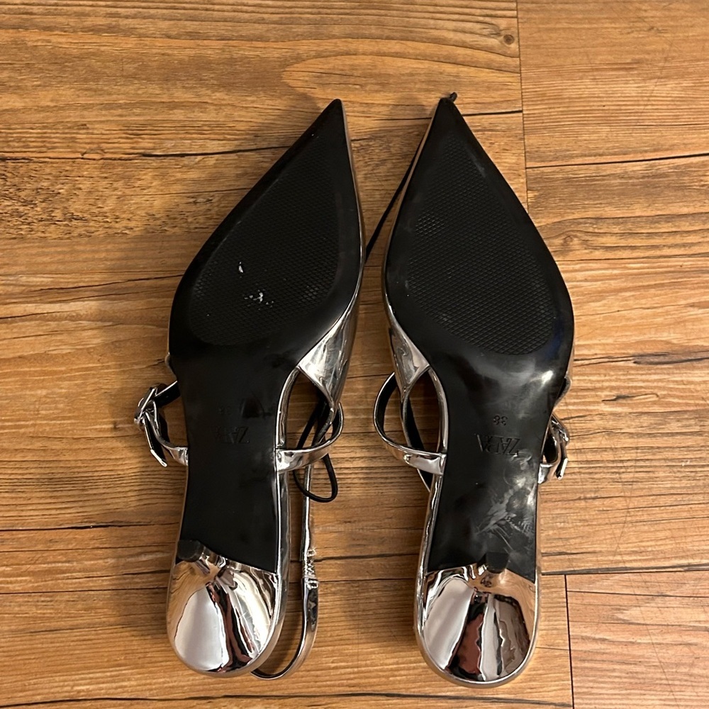 Zara Silver Pointed-Toe Slingback Heels - Picture 4 of 5